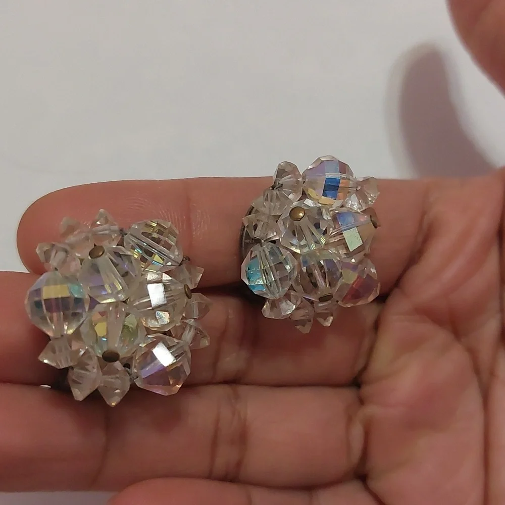 Vintage Germany AB Rhinestones Aurora Borealis Clip On Earrings - Picture 3 of 7